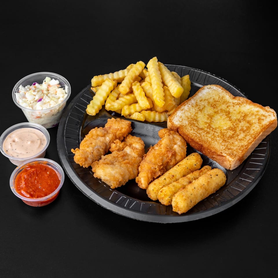 Jim Bob's Chicken Fingers meal with fries, mozzarella sticks, toast, coleslaw, and two dipping sauces.