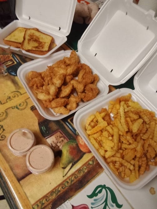 20 Fingers with Sauce, Plate of Fries, and 4 Toast.