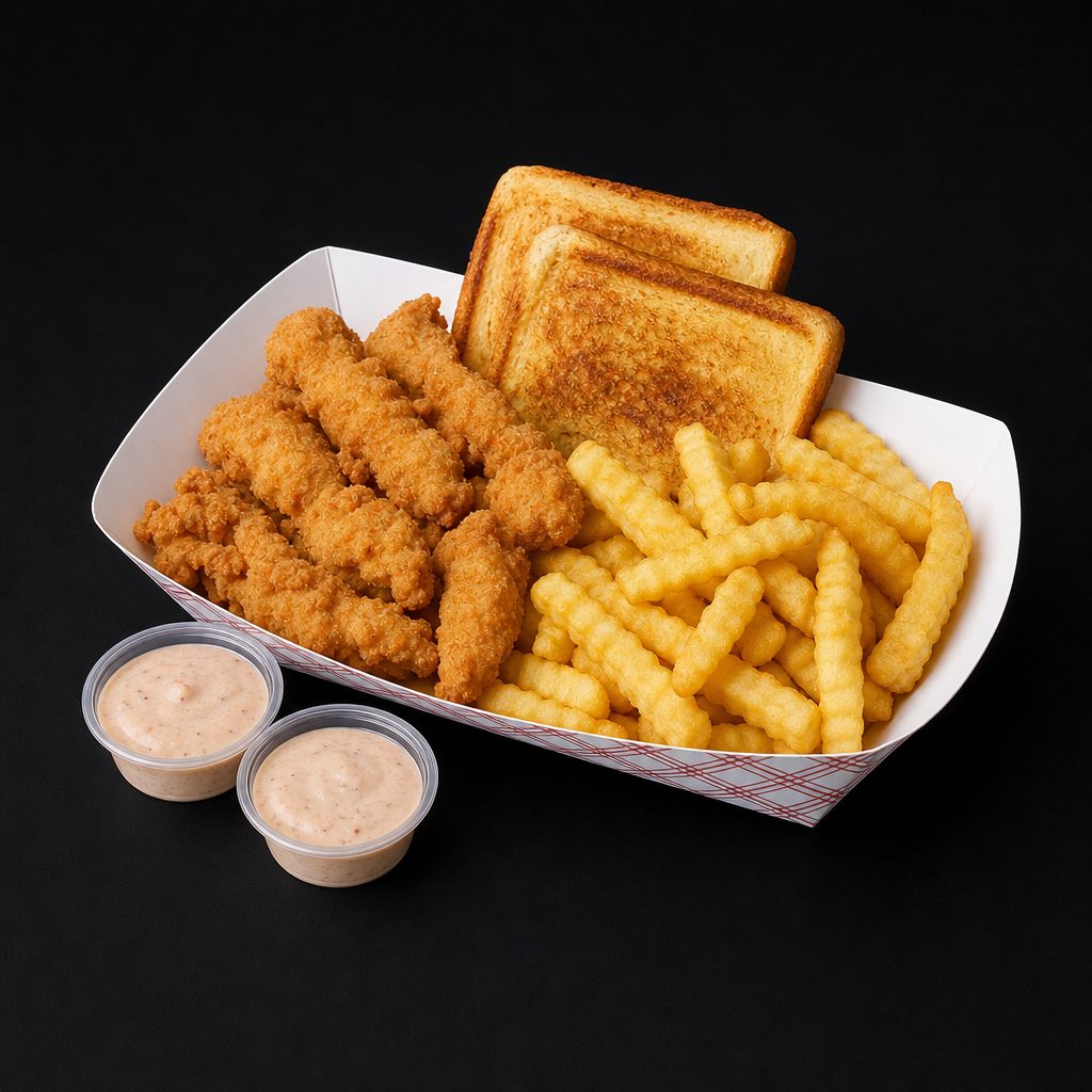 20 Fingers with Sauce, Plate of Fries, and 4 Toast.